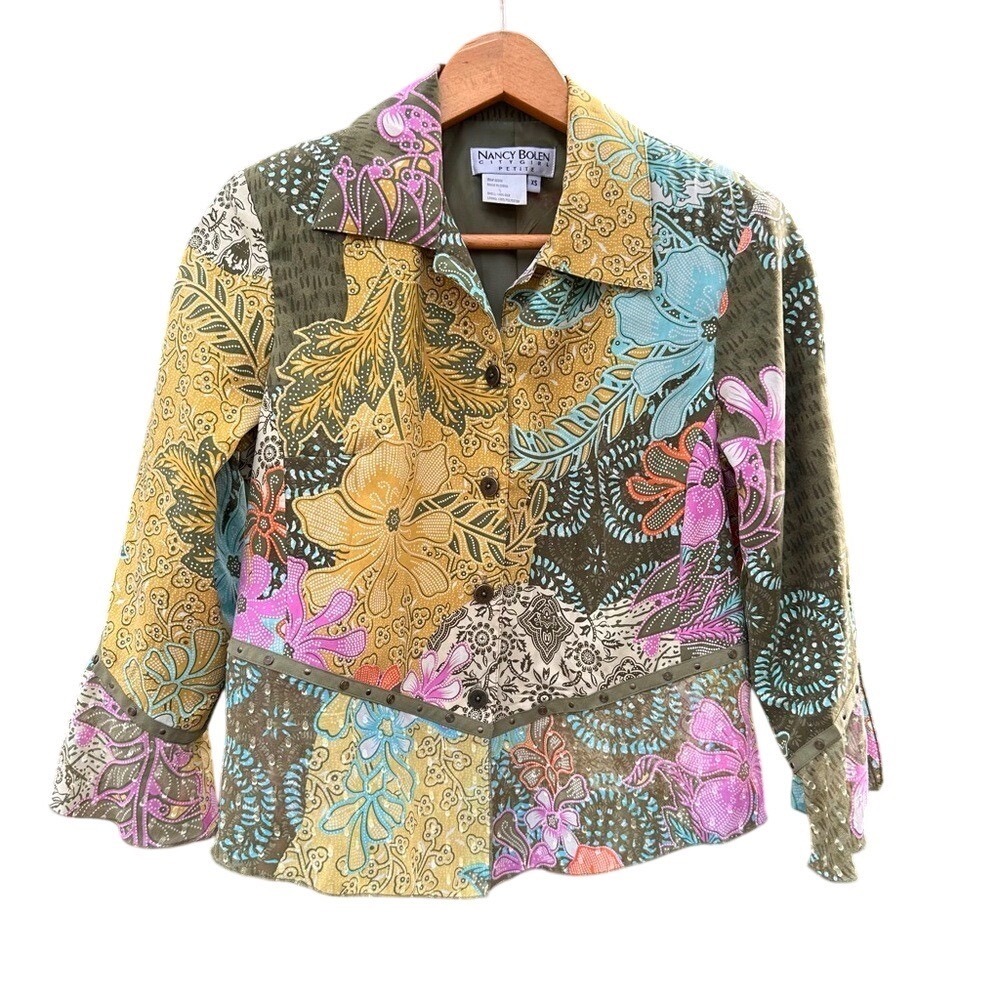 Nancy Bolen City Girl Petite Silk Patchwork Floral Studded Jacket Green XS Boho